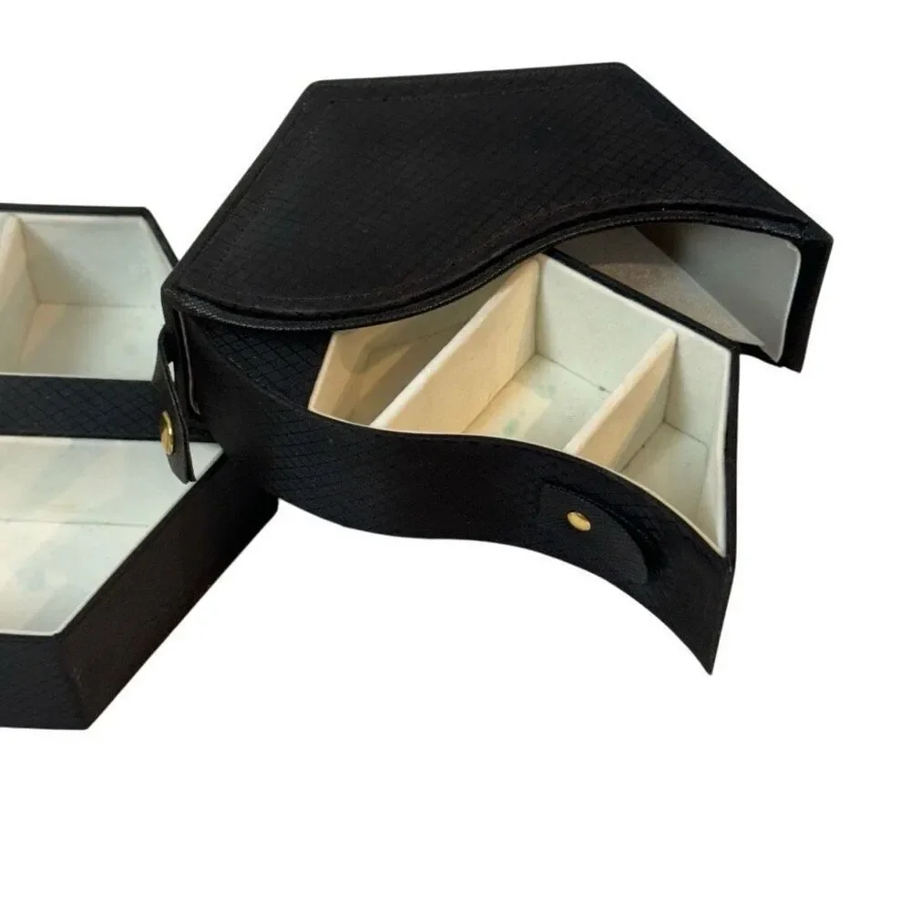Hexagon Jewelry Box Swivel Compact Slide Outs Multi Compartment in Black